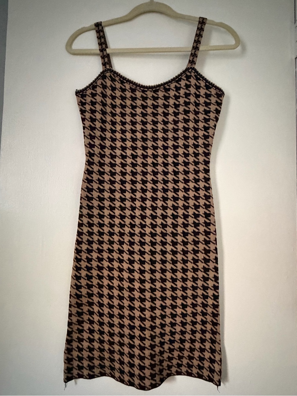 Tan and Black Houndstooth Slip Dress